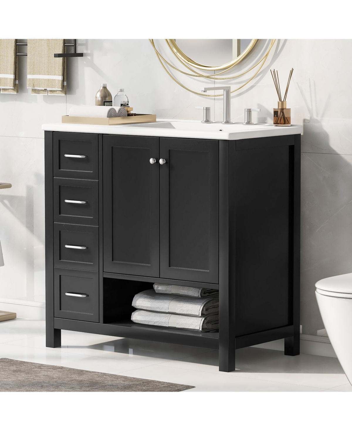Casainc 36" Bathroom Vanity with Sink Top, Cabinet Two Doors, Drawers and Open Shelf, Solid Wood Mdf, One Package