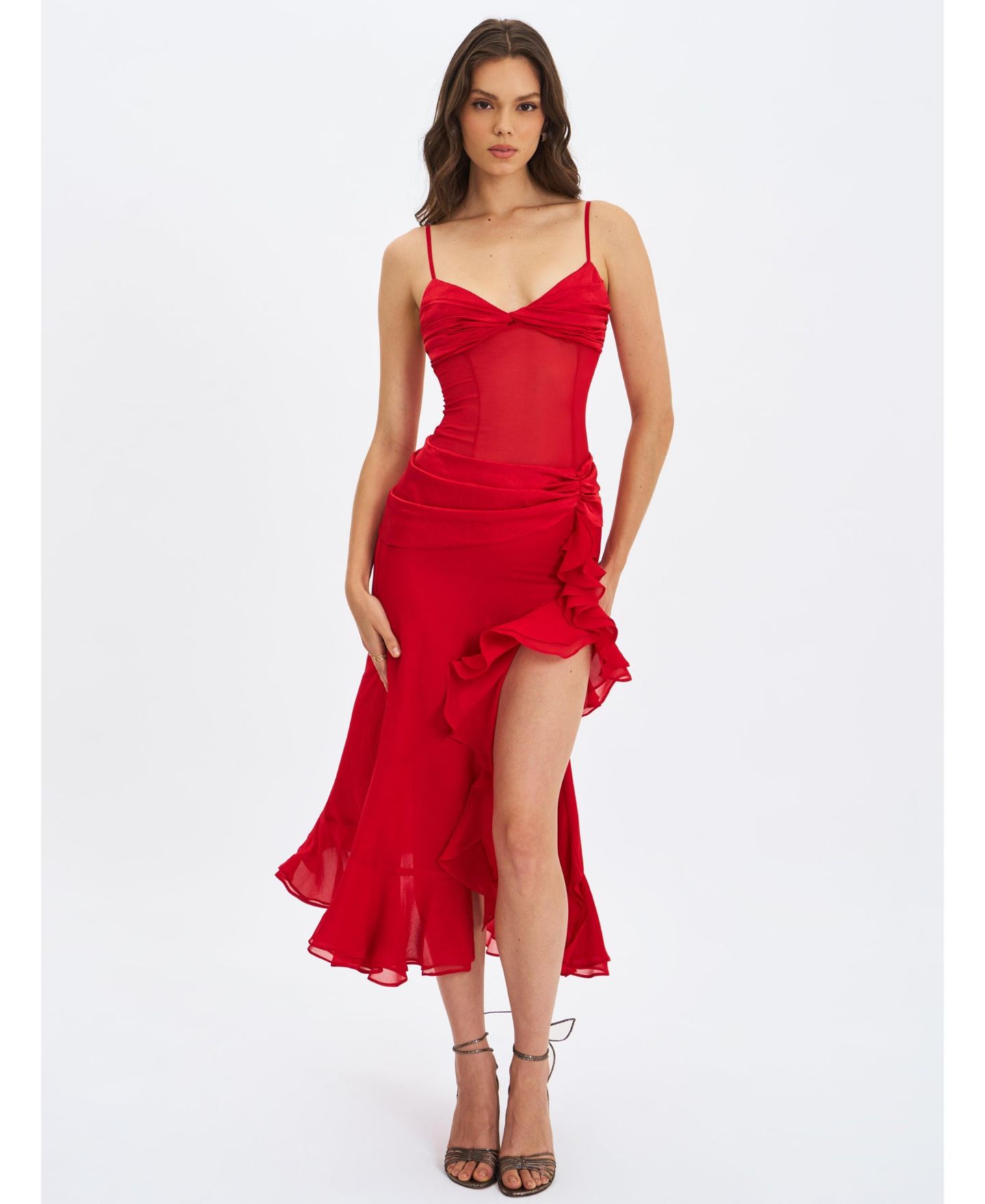 Женское платье Miss Circle Dahlina Red Ruched Waist High Slit Maxi, цвет: Красный — фото 5