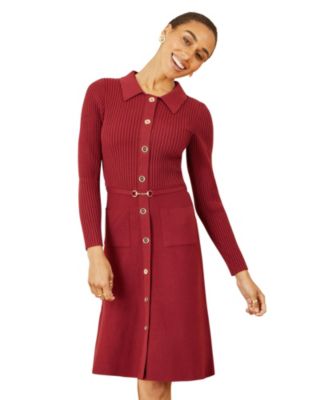 Women's Belted Rib Knit Midi Dress With Pockets
