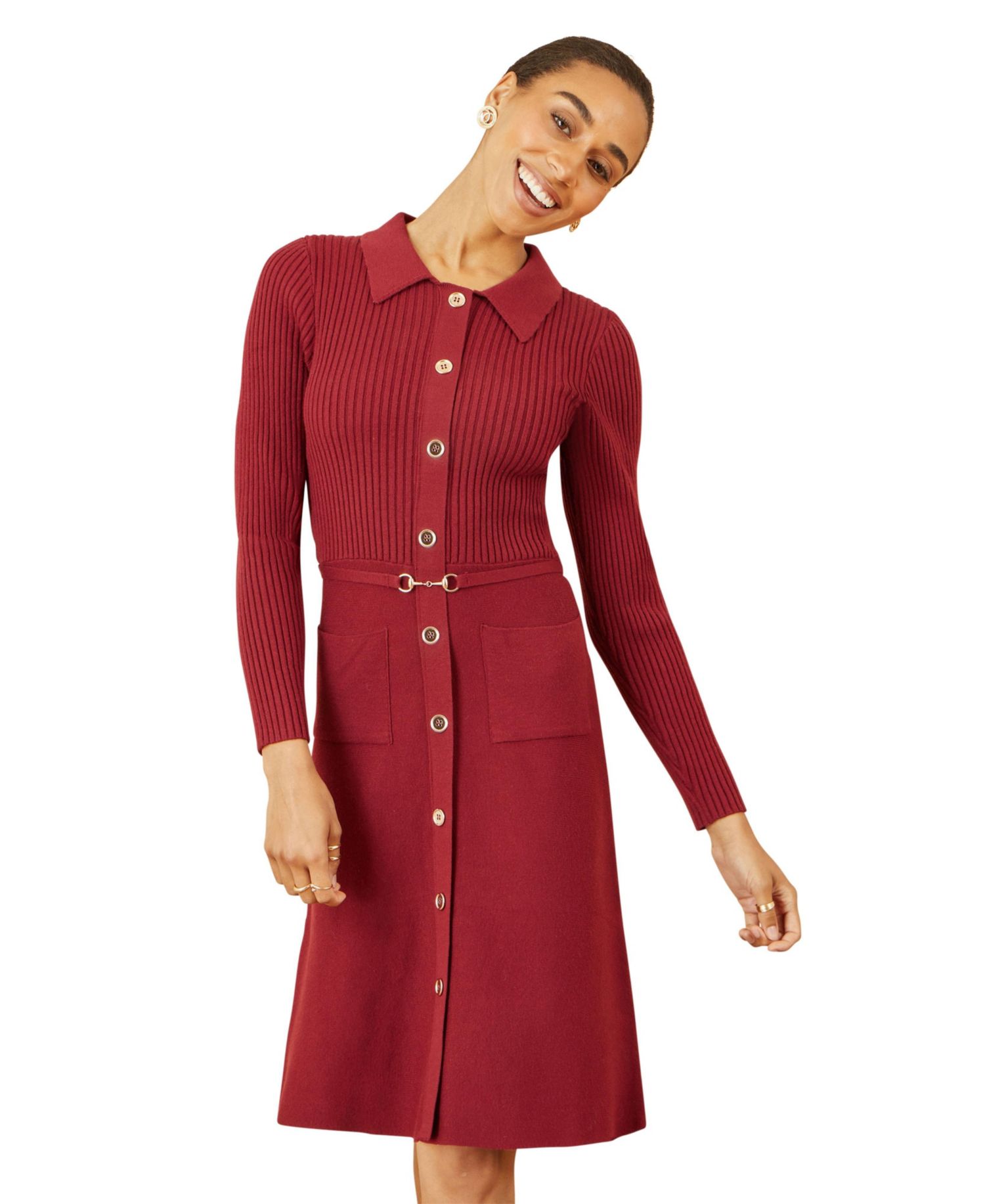Women's Belted Rib Knit Midi Dress With Pockets