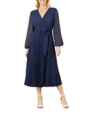Women's Long Sleeved Pleated Midi Wrap Dress