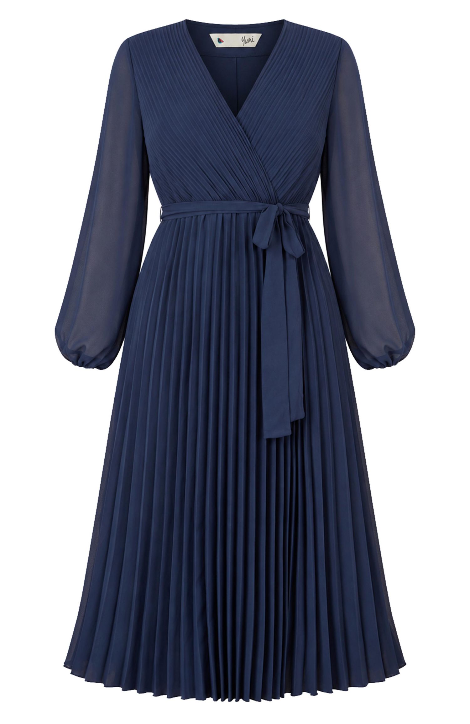 Women's Long Sleeved Pleated Midi Wrap Dress