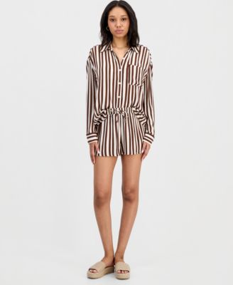 Juniors' Button-Down Striped Crinkle Gauze Cover-Up Shirt, Macy's Exclusive