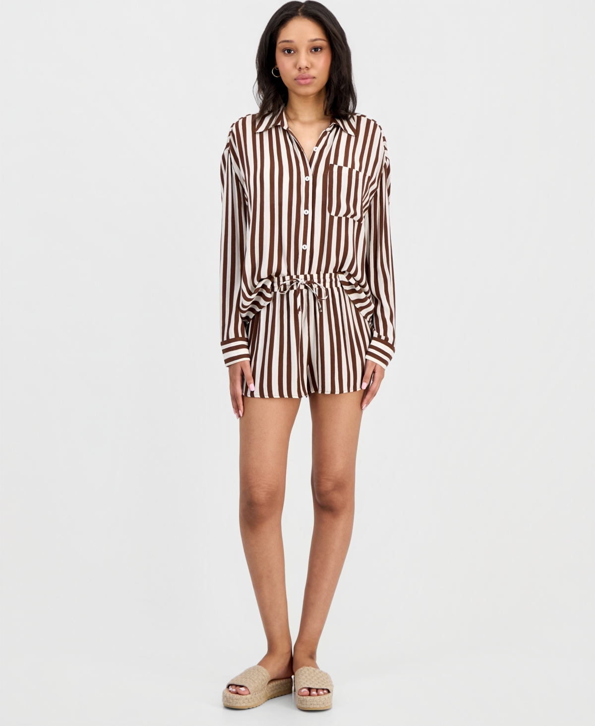 Miken Juniors' Button-Down Striped Crinkle Gauze Cover-Up Shirt, Macy's Exclusive