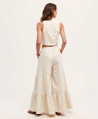 Women's Sleeveless Textured Mock-Neck Crop Top & Tiered Wide-Leg Drawstring Pants 2-Pc. Set