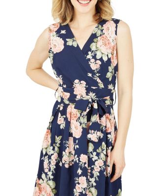 Women's Floral Rose Wrap Over Sleeveless Dress