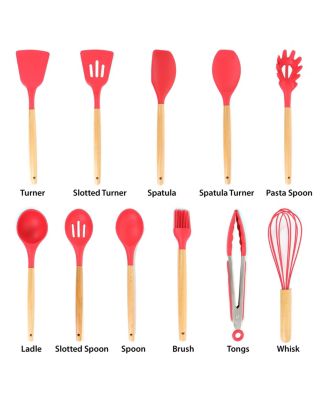 Red Silicone and Wood Cooking Utensils, Set of 12