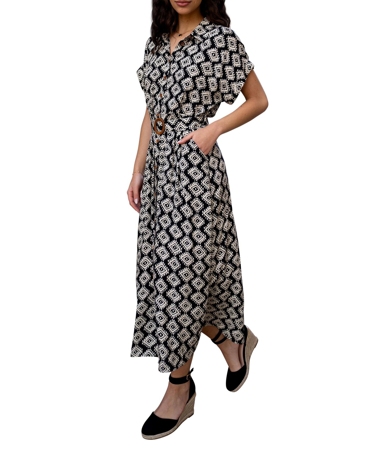 Женское платье Yumi Belted Midi Shirt Dress, цвет: Чёрный — фото 4