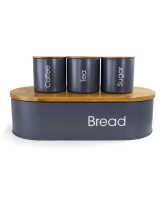 Bamboo Kitchen Countertop 4 Piece Metal Bread Basket and Canister Set in Gray with Lids