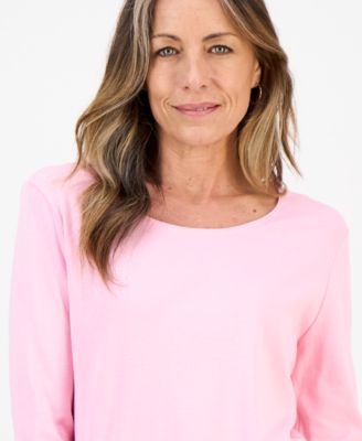 Petite Scoop-Neck Long-Sleeve Cotton Top, Created for Macy's 