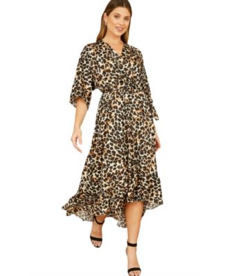 Women's Leopard Print Kimono Sleeve Wrap Dress