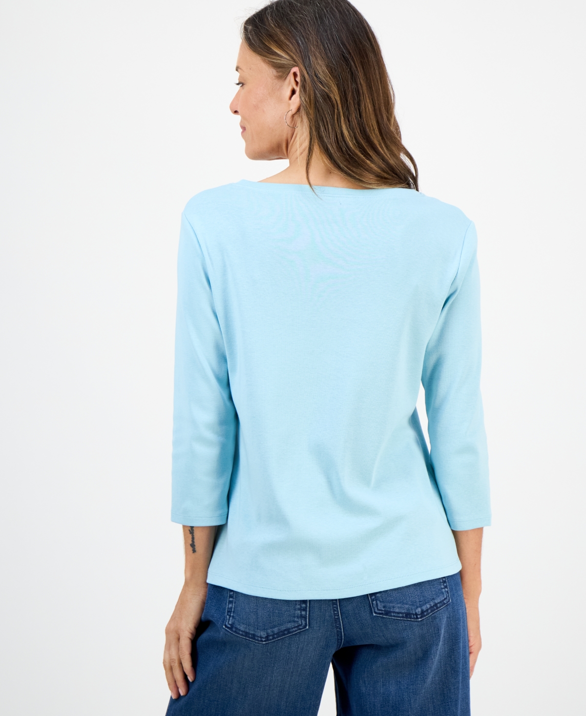 Style & Co Petite Cotton Knit Henley 3/4-sleeve Top, Created For Macy's In Blue