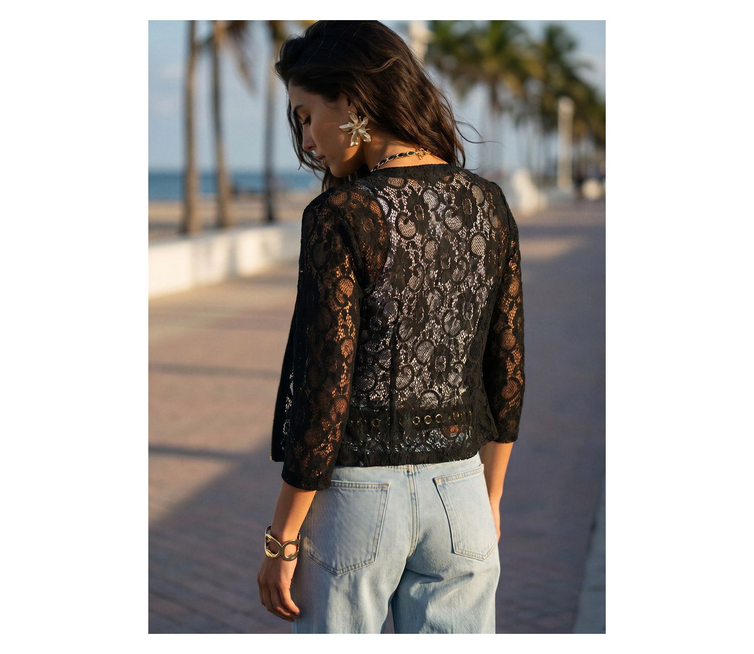 Women's Floral Print Lace Zip Front-Closure Jacket