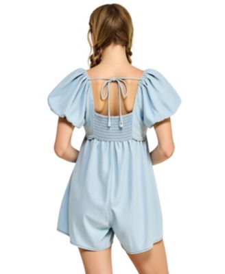 Women's Puff-Sleeve Tie-Front Empire-Waist Romper