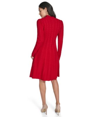 Petite Cable Sweater Mock Neck Fit & Flare Dress