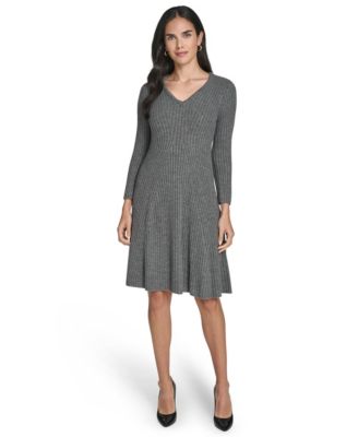 Petite V-Neck Fit & Flare Ribbed Dress