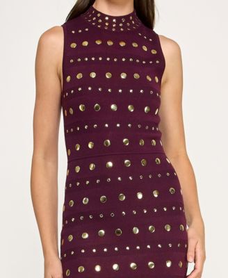 Juniors' Mock Neck Sleeveless Studded Midi Sweater Dress