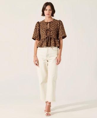 Women's Leopard-Print Front-Tie Puff-Sleeve Peplum Top