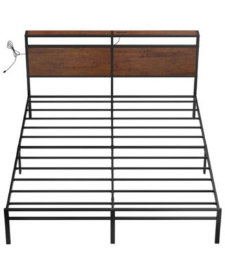 Industrial King Size Bed Frame with Storage LED Headboard, Charging Station, No Box Spring Needed