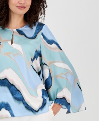 Women's Printed Wide-Sleeve Keyhole Blouse