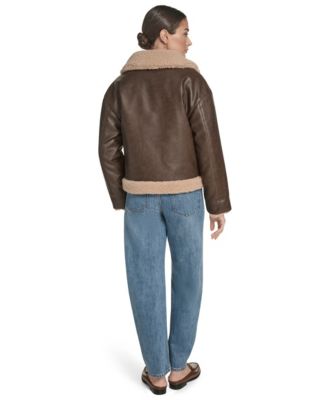 Women's Regular Reversible Sherpa to Faux Leather Aviator Jacket