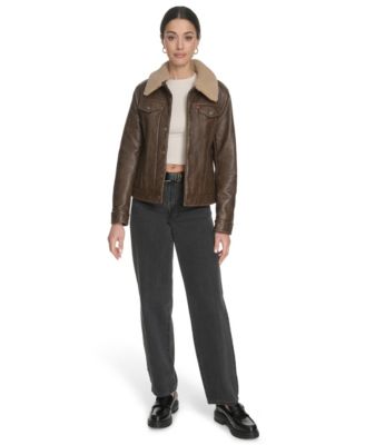 Women's Regular Faux Leather Trucker Jacket