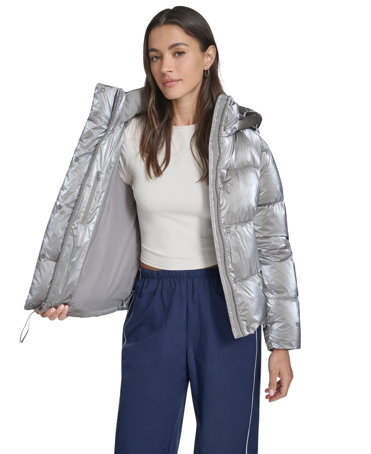 Levi's Women's Regular Quilted Hooded Puffer Jacket In Silver