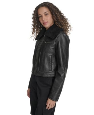 Women's Regular Faux Leather Aviator Jacket