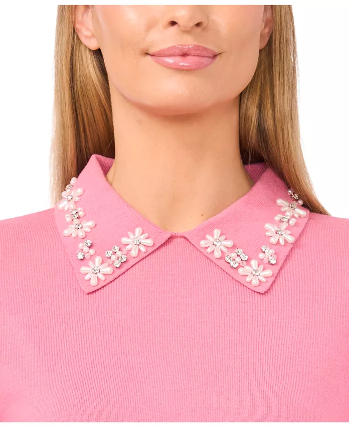 Women's Collared Neck Embellished Polo Sweater - thumbnail 2