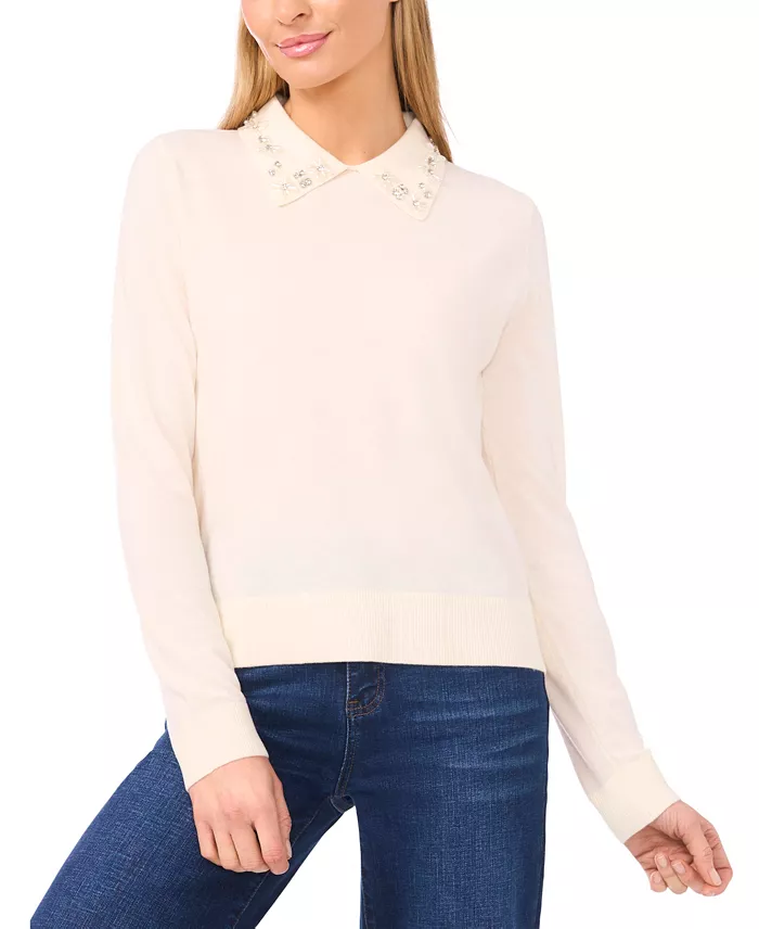Women's Collared Neck Embellished Polo Sweater - thumbnail 7