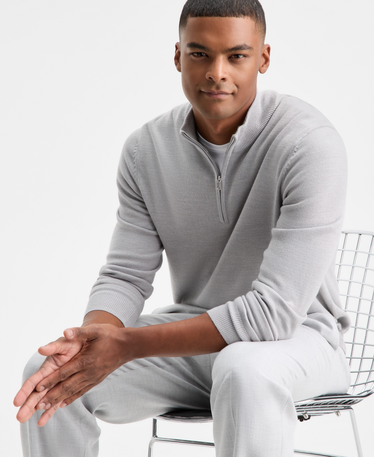Alfani Men's Long-sleeve Half-zip Merino Sweater, Created For Macy's In Gray