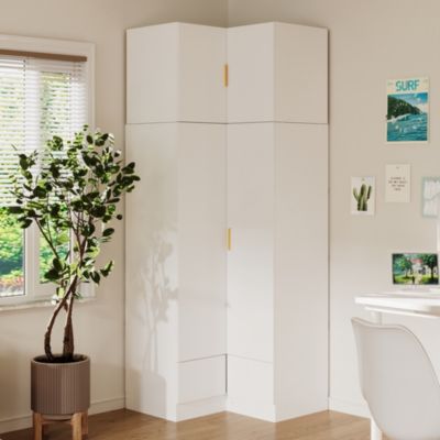 Bedroom Corner Armoire with Top Cabinet, Wardrobe with 2-Drawers and 2-Hold Bar