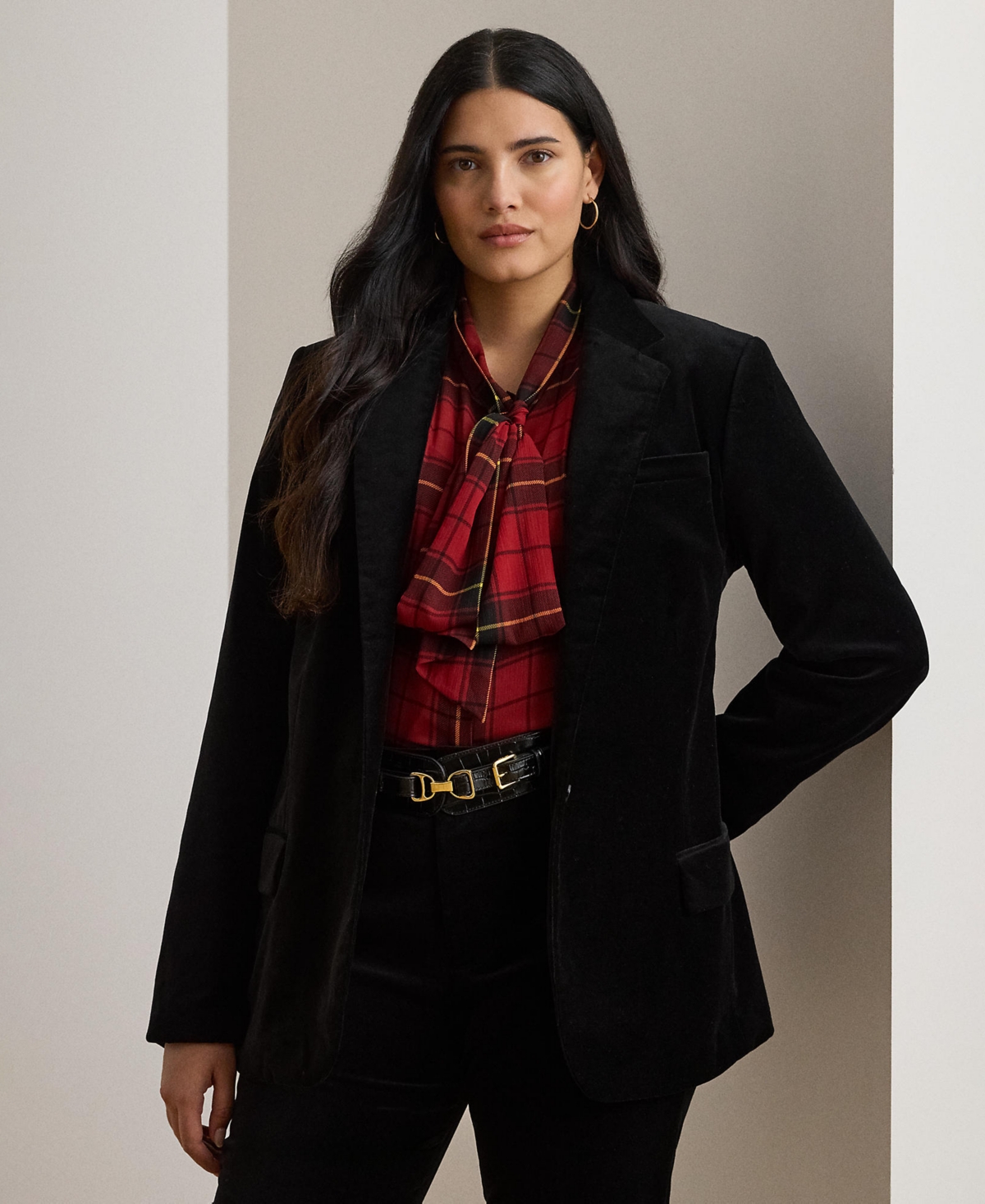 Ralph Lauren Plus Size Stretch Velvet Blazer In Black
