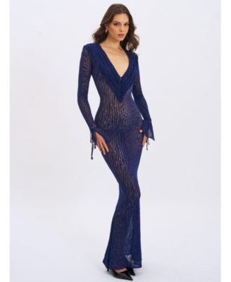Women's Ilyse Navy V-Neck Plunge Animal Print Mermaid Hem Maxi Dress