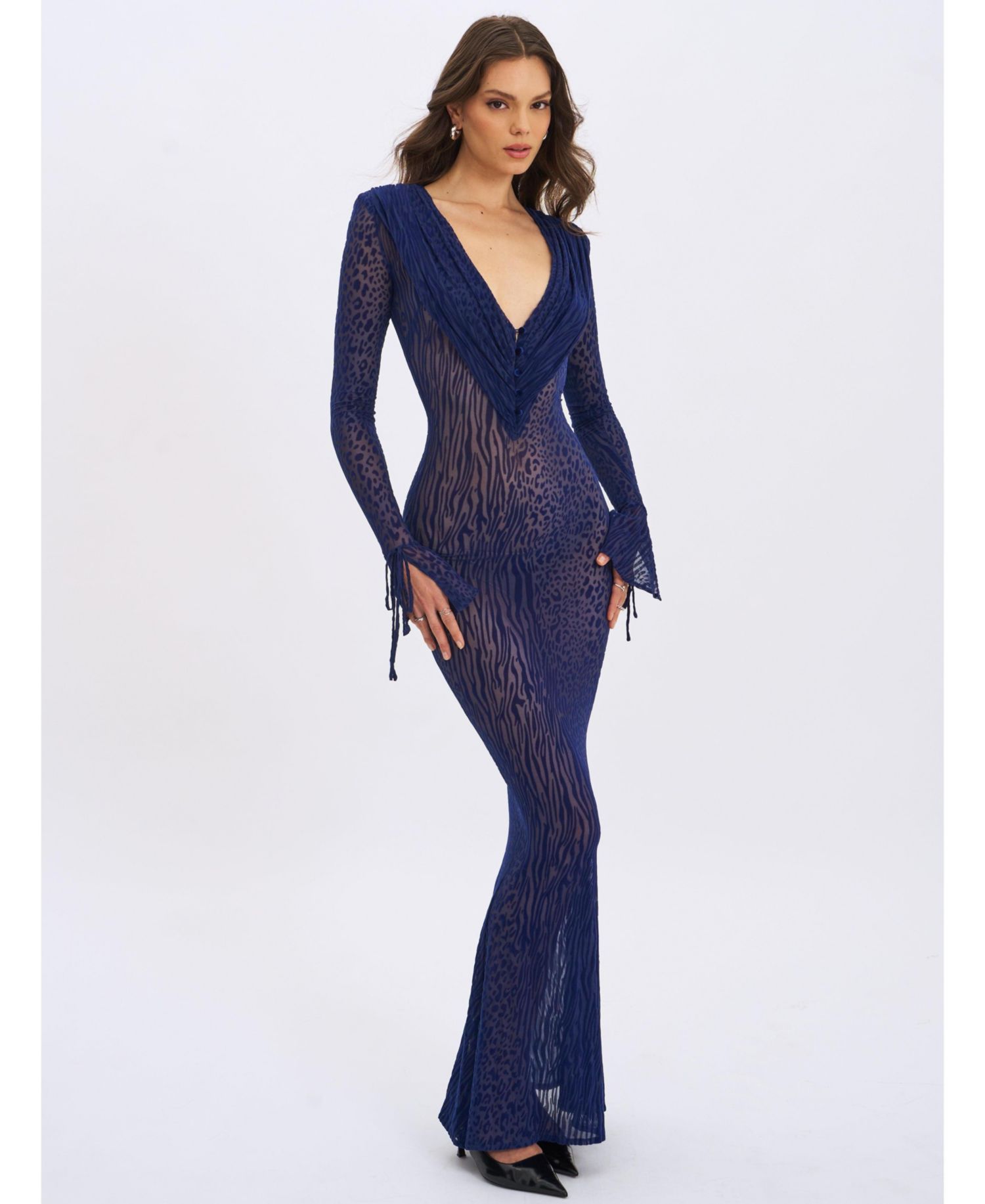 Women's Ilyse Navy V-Neck Plunge Animal Print Mermaid Hem Maxi Dress