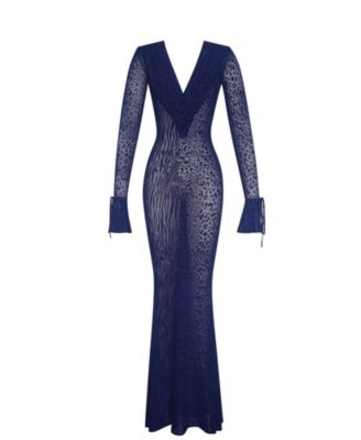 Women's Ilyse Navy V-Neck Plunge Animal Print Mermaid Hem Maxi Dress