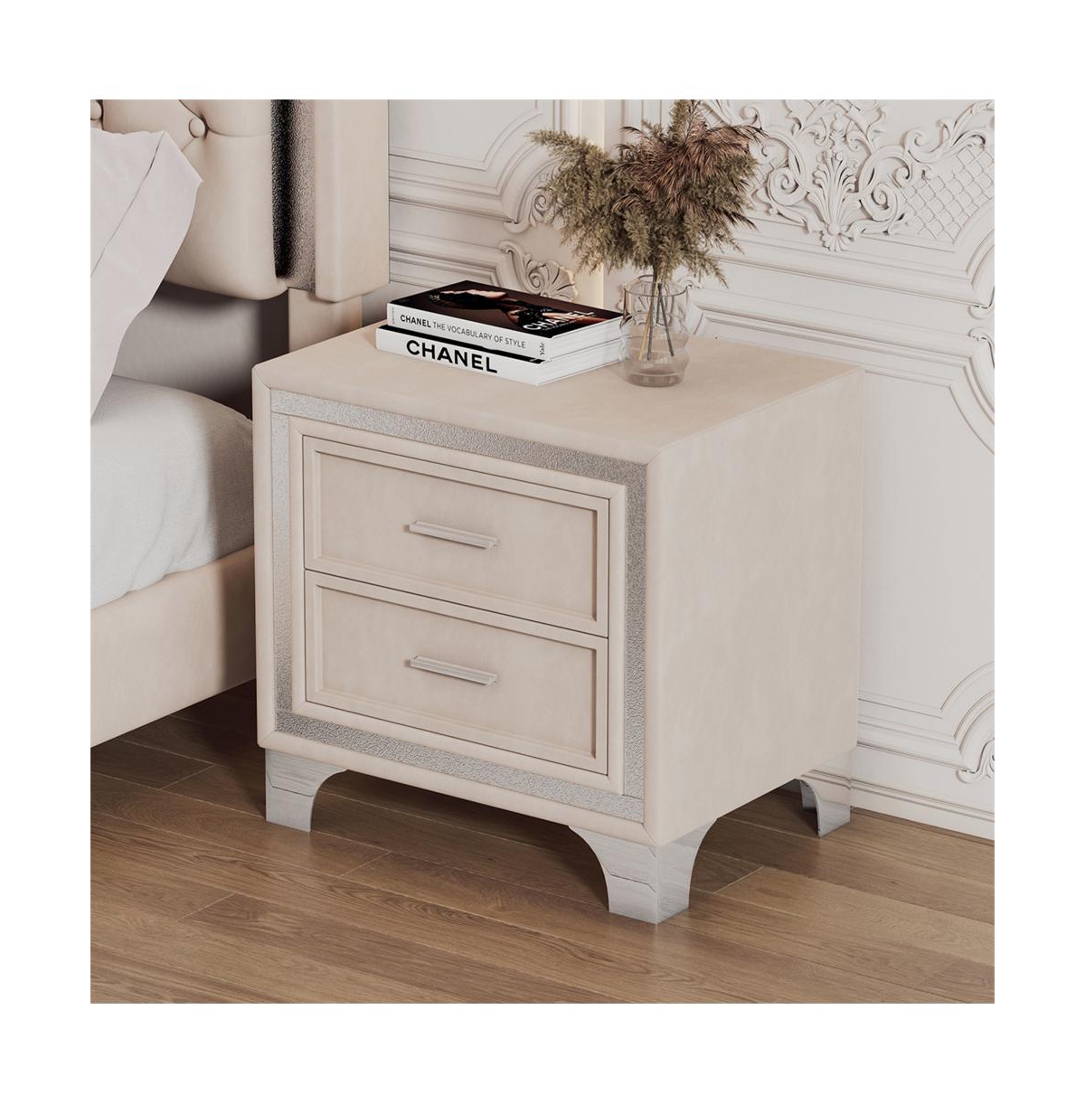 Cesicia Velvet Nightstand with Silver Glitter Strips Vintage Bedside Table 2 Drawers & Metal Legs