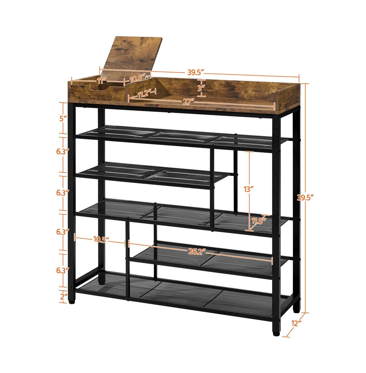 Modern Industrial Free-Standing 6-Layer Shoe Rack with Drawer