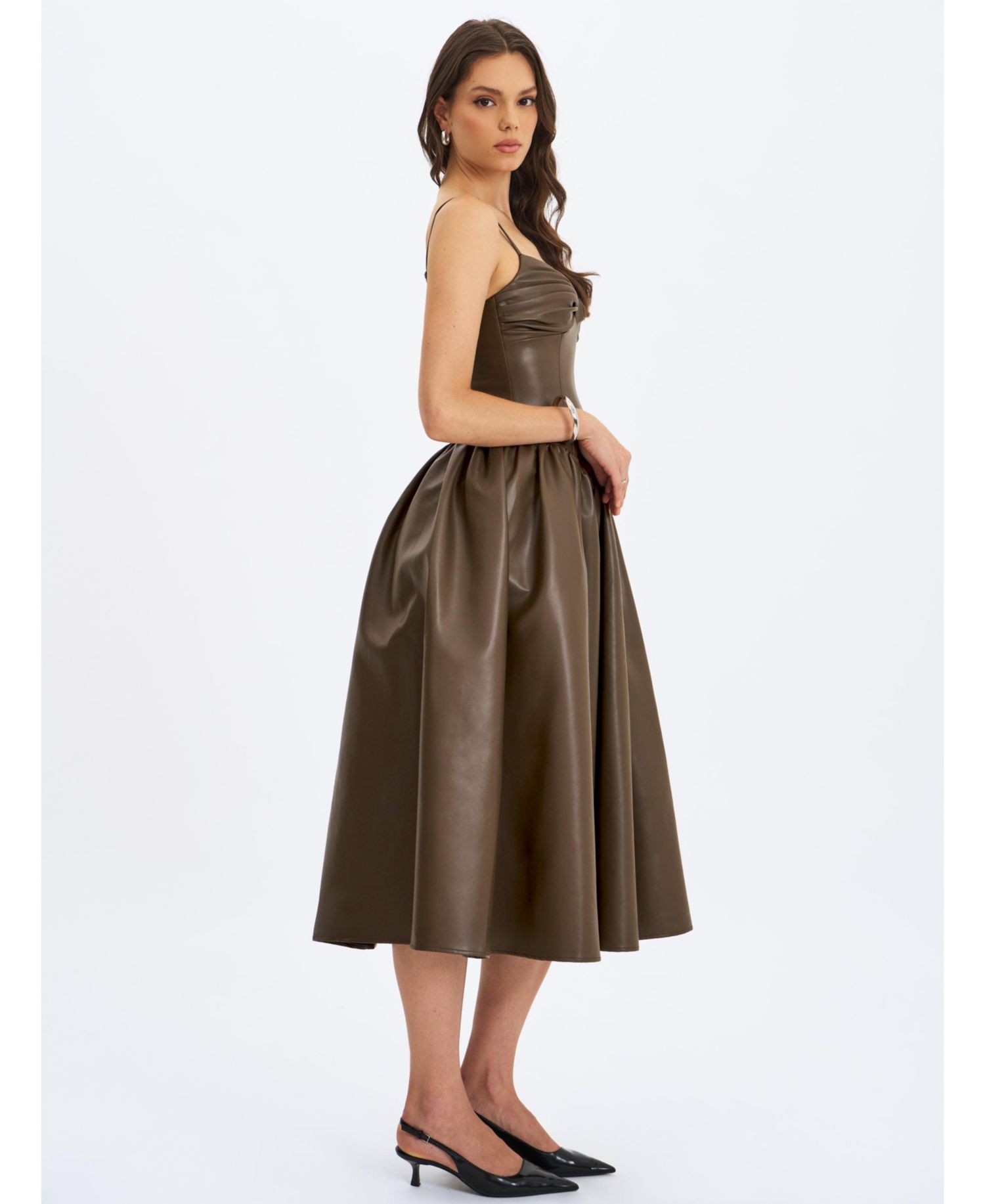 Women's Parisia Cocoa Faux Leather Drop Waist Maxi Dress