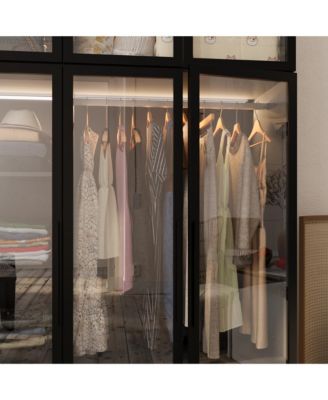 6-Glass Doors Armoire，Metal Frame Wardwore with LED Lights, Hanging Rod,Bedroom Closet