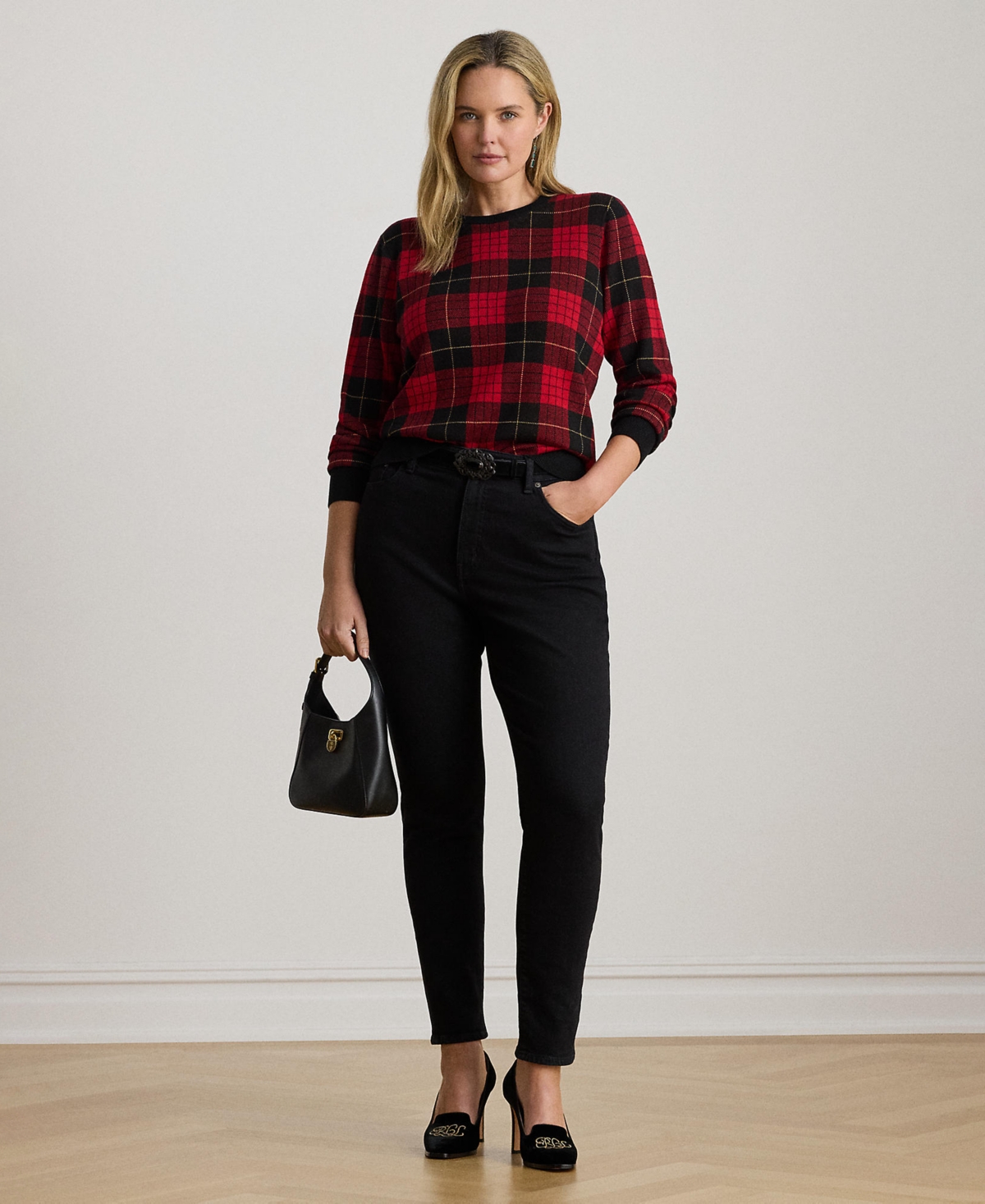 Ralph Lauren Plus Size Plaid Crew Neck Sweater In Red