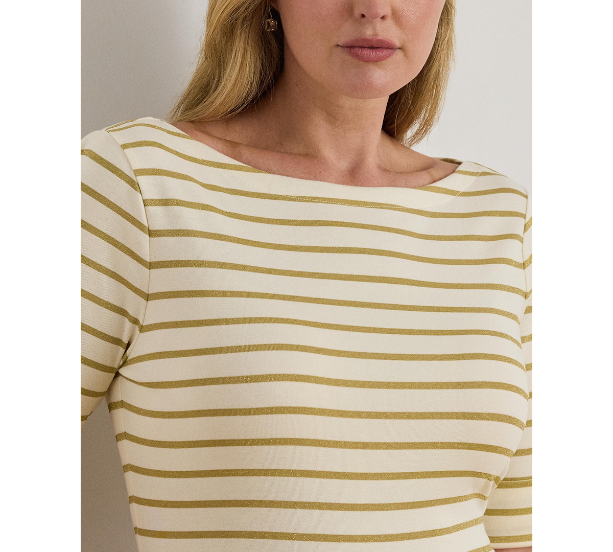 Ralph Lauren Plus Size Metallic Striped Boat Neck T-shirt In Neutral