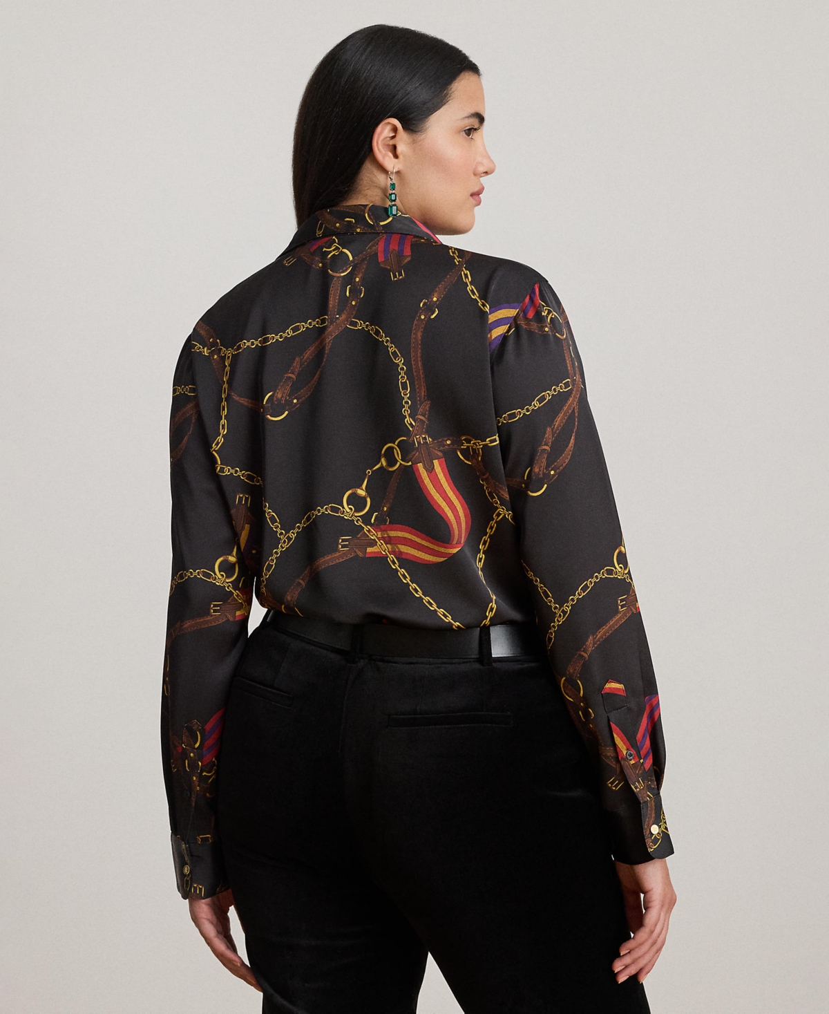 Ralph Lauren Plus Size Classic Fit Belting-print Satin Shirt In Black