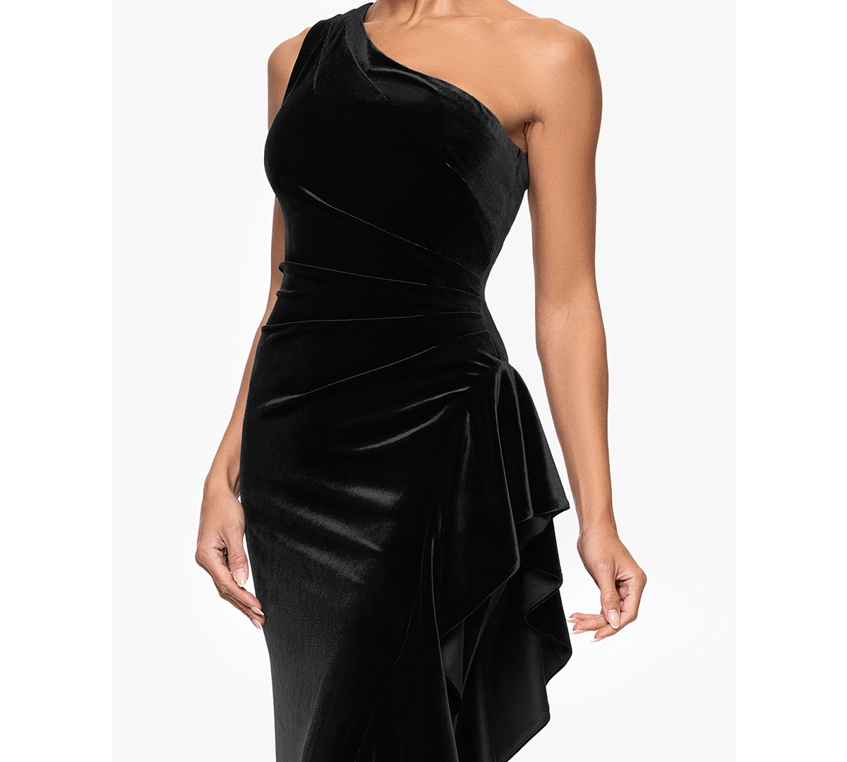 Xscape Women's Velvet One Shoulder Long Ruffle Dress In Black