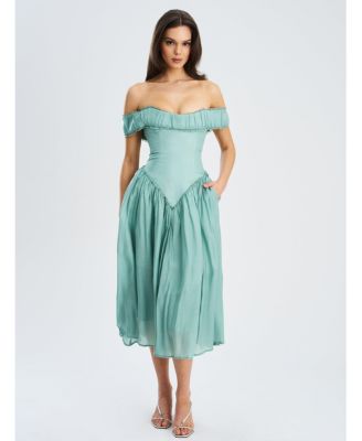 Women's Xavy Teal Green Off Shoulder Corset Midi Dress