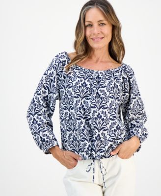 Charter Club - Petite Tile Print 3/4-Sleeve Gathered-Hem Top