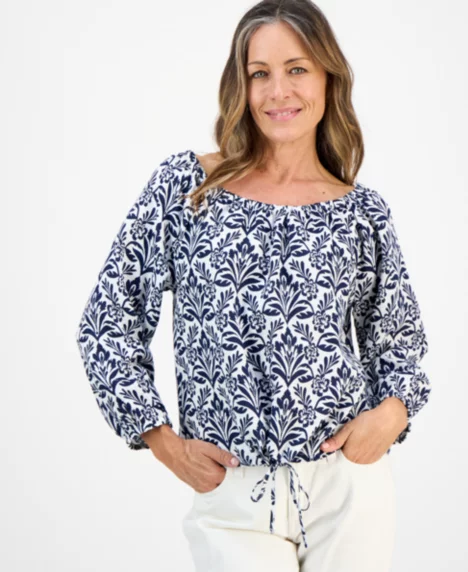 Petite Tile Print 3/4-Sleeve Gathered-Hem Top - Blue