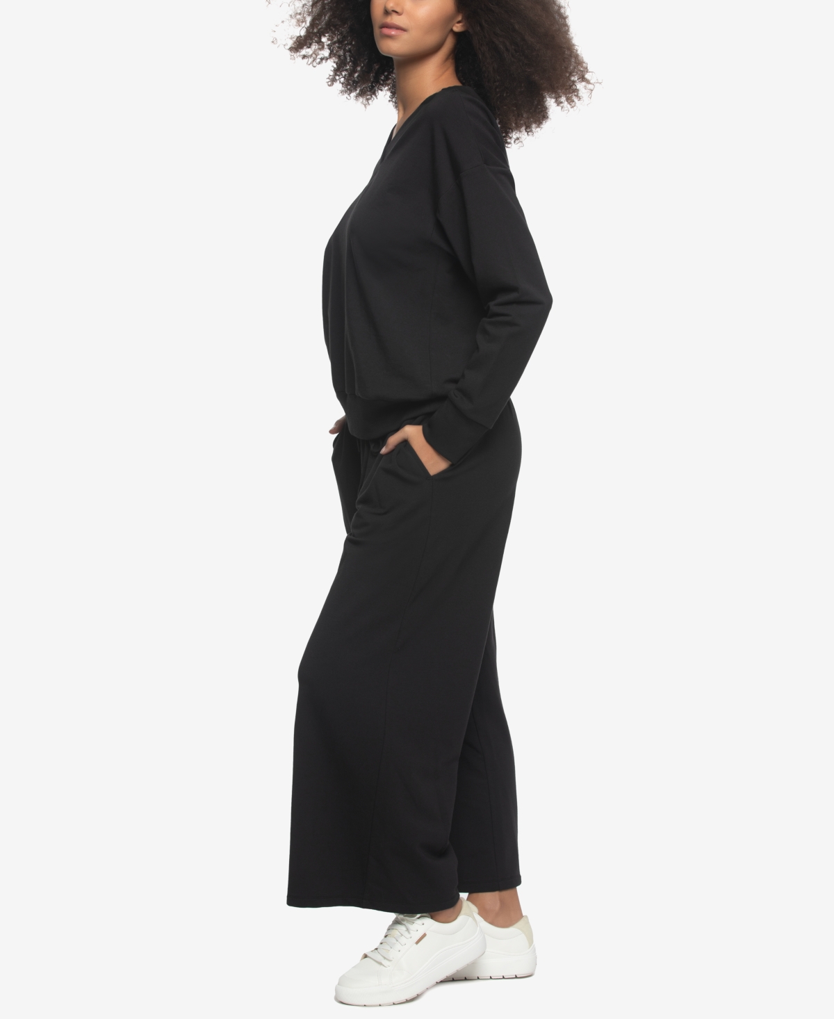 Felina Women's Regular Kimora French Terry V-neck Sweatshirt With Wide Leg Pants In Black