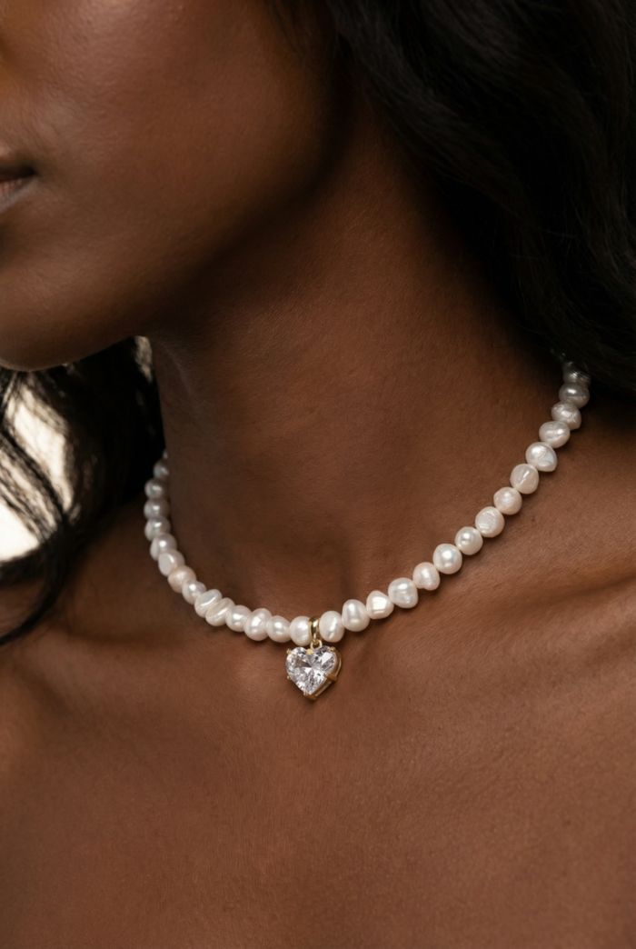 Joey Baby 7-8mm Baroque Freshwater Pearl Necklace with Gold Plated Heart