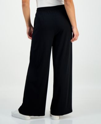 Petite Ribbed Knit High Rise Drawstring Wide-Leg Pants